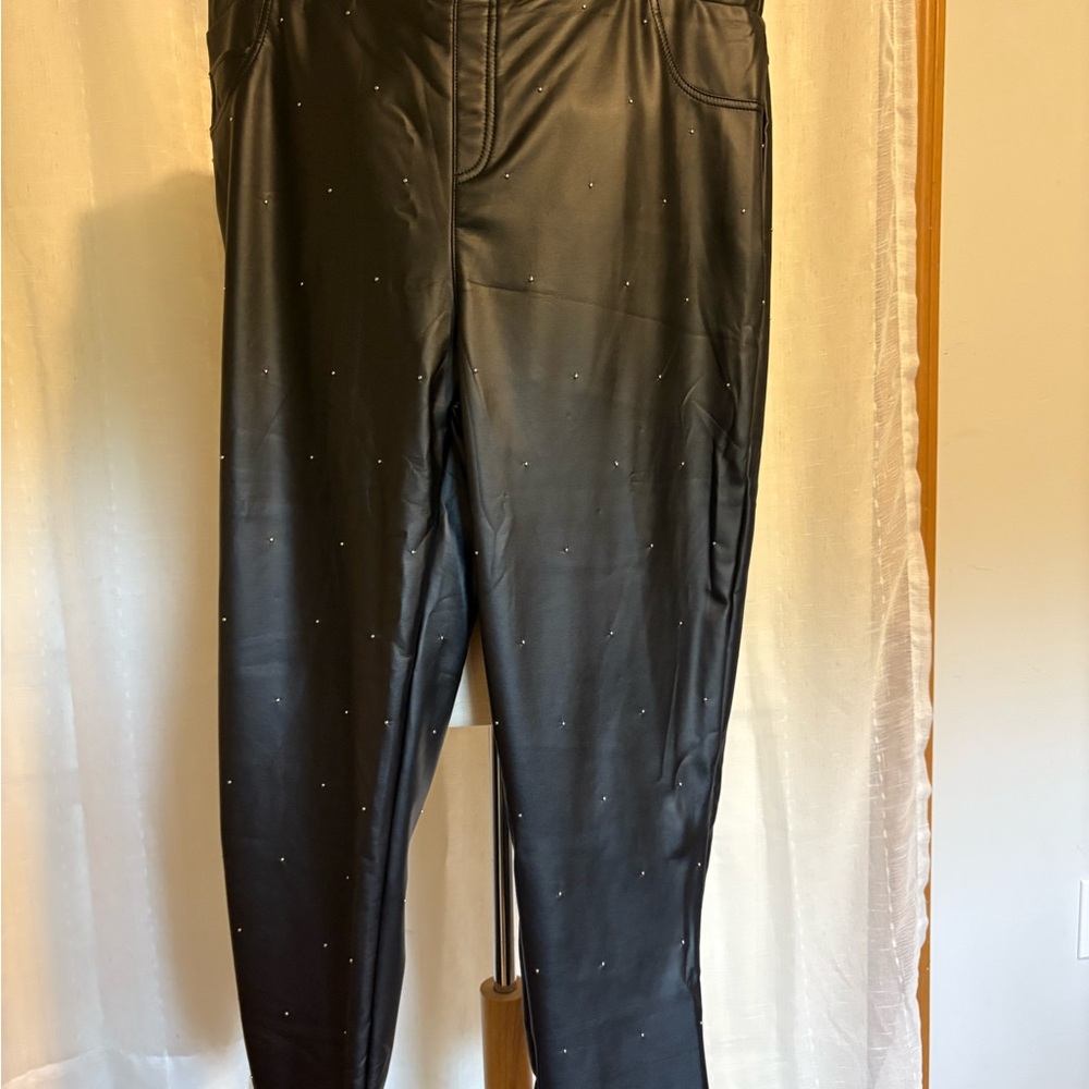 Roaman's Black Faux Leather Pants with Stud Accents